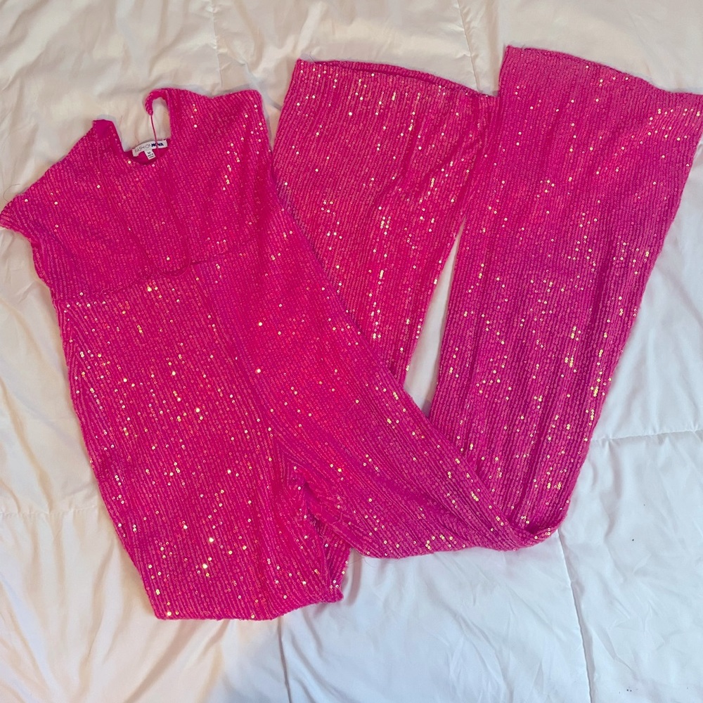 FASHION NOVA Out All Night Pink Sequin Jumpsuit